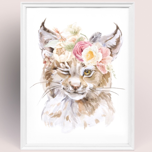 Other - Watercolor Floral Lynx Bobcat Wall Art Illustration Print Poster Card Unframed